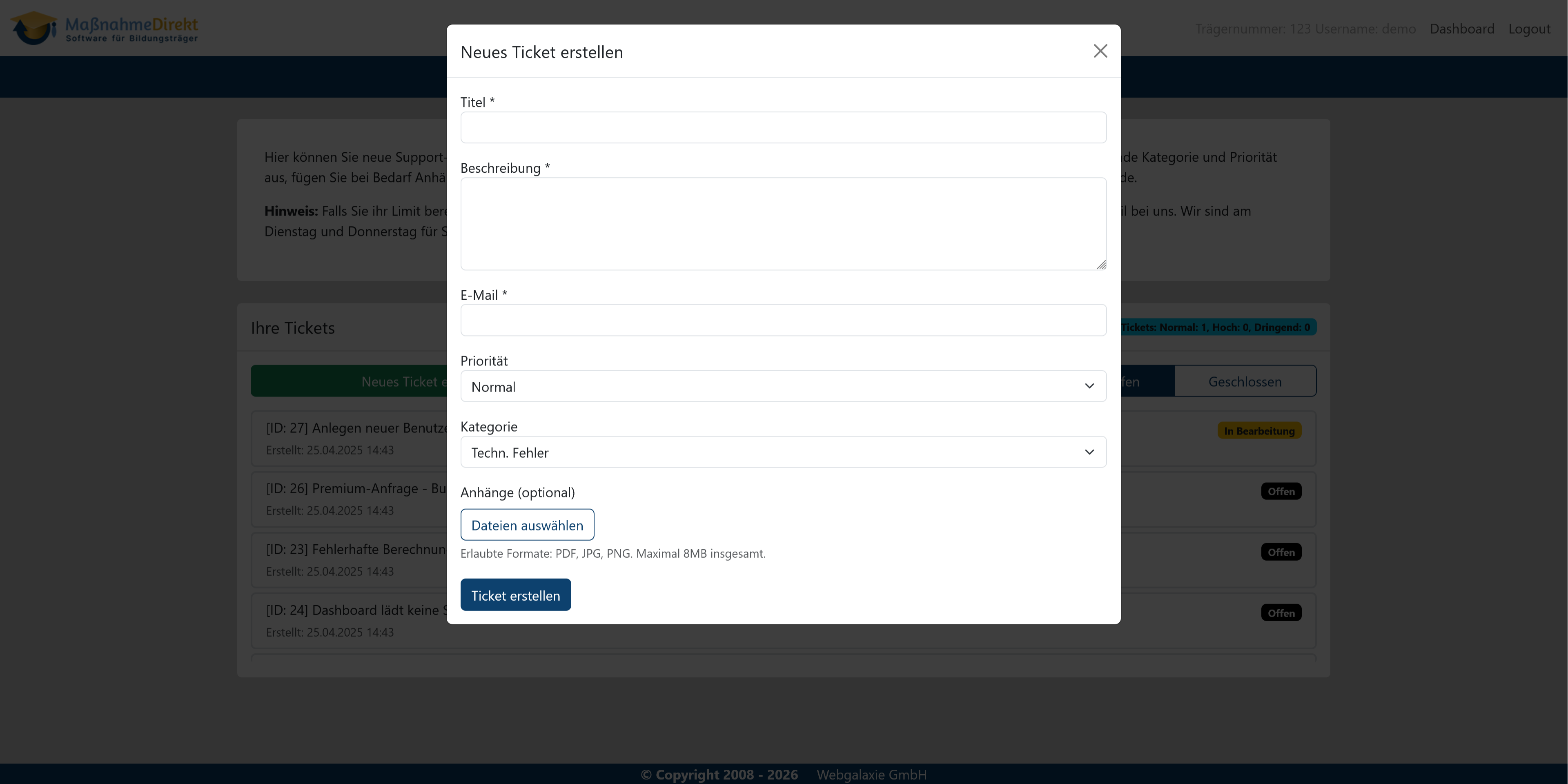 Ticketerstellungs-Formular für die Nutzer